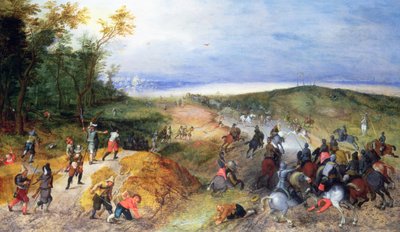 Cavalry attacking horse-drawn wagons by Sebastian Vrancx